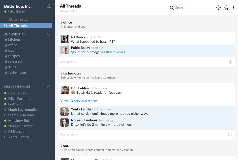 Une capture d'écran du fil de discussions dans Slack